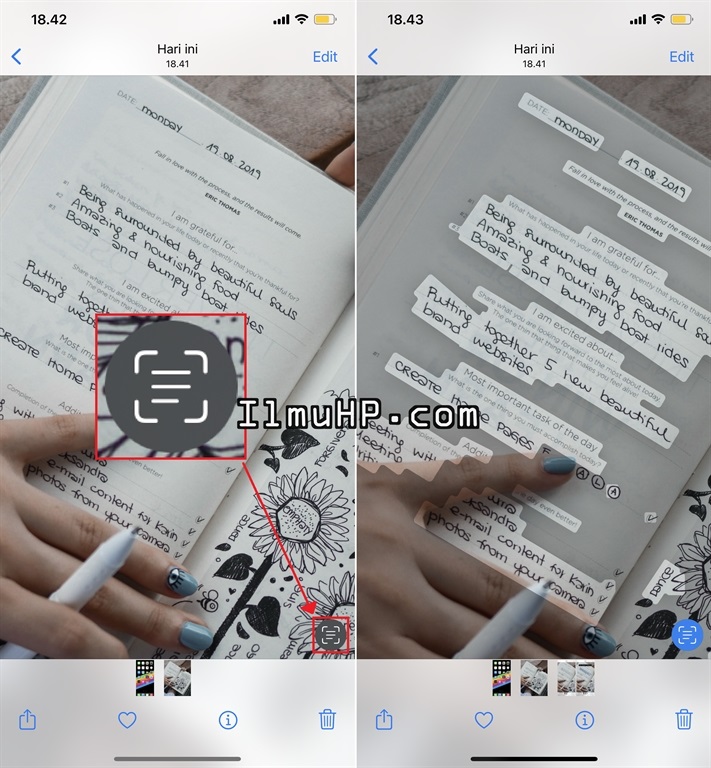 Cara highlight tulisan yang akan dicopy/salin di gambar iPhone dan iPad